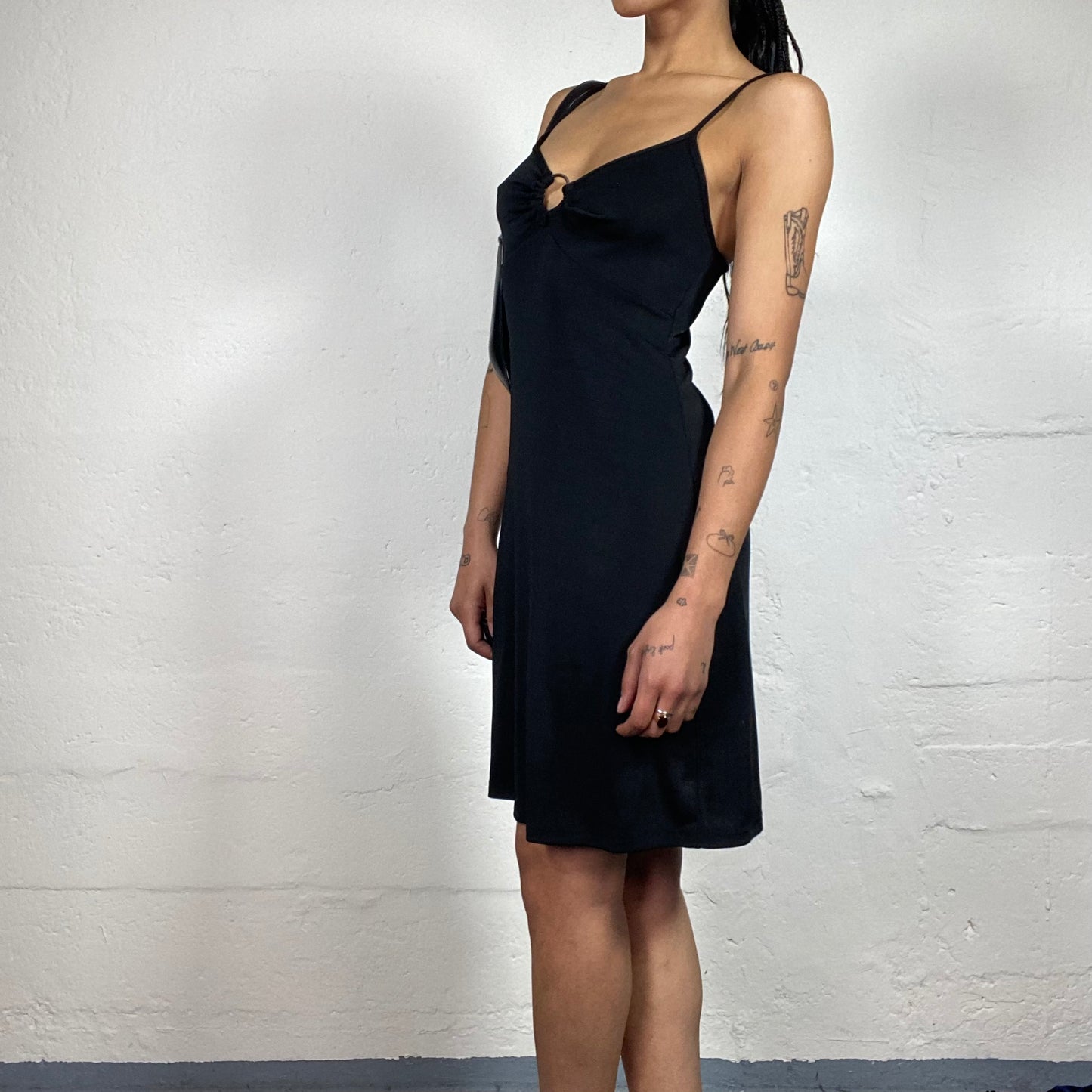 Vintage 2000's Night Out Classy Black Camisole Dress with Metal Bra Ring Detail (S)