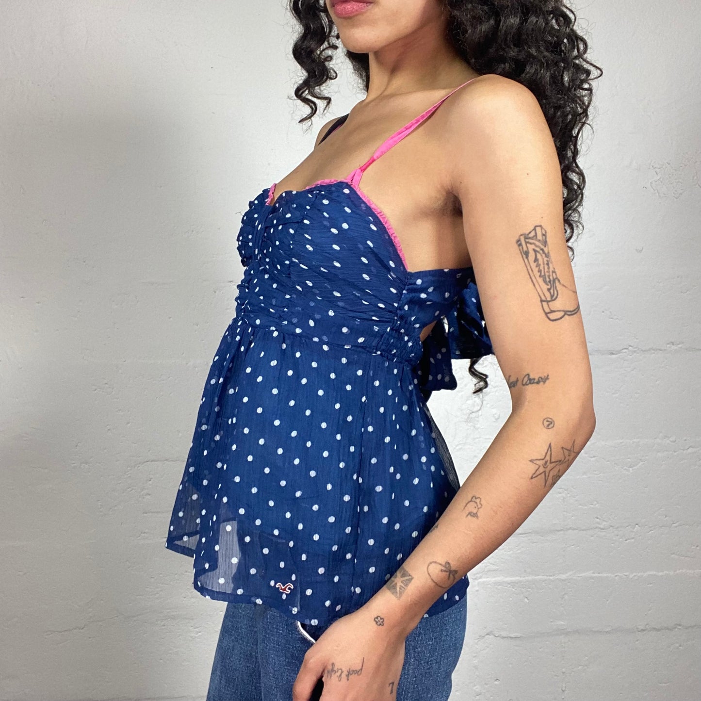 Vintage 2000's Country Girl Summer Blue Chiffon Doll Fit Polka Dot Cami Top with Pink Accents and Back Ribbon (S)