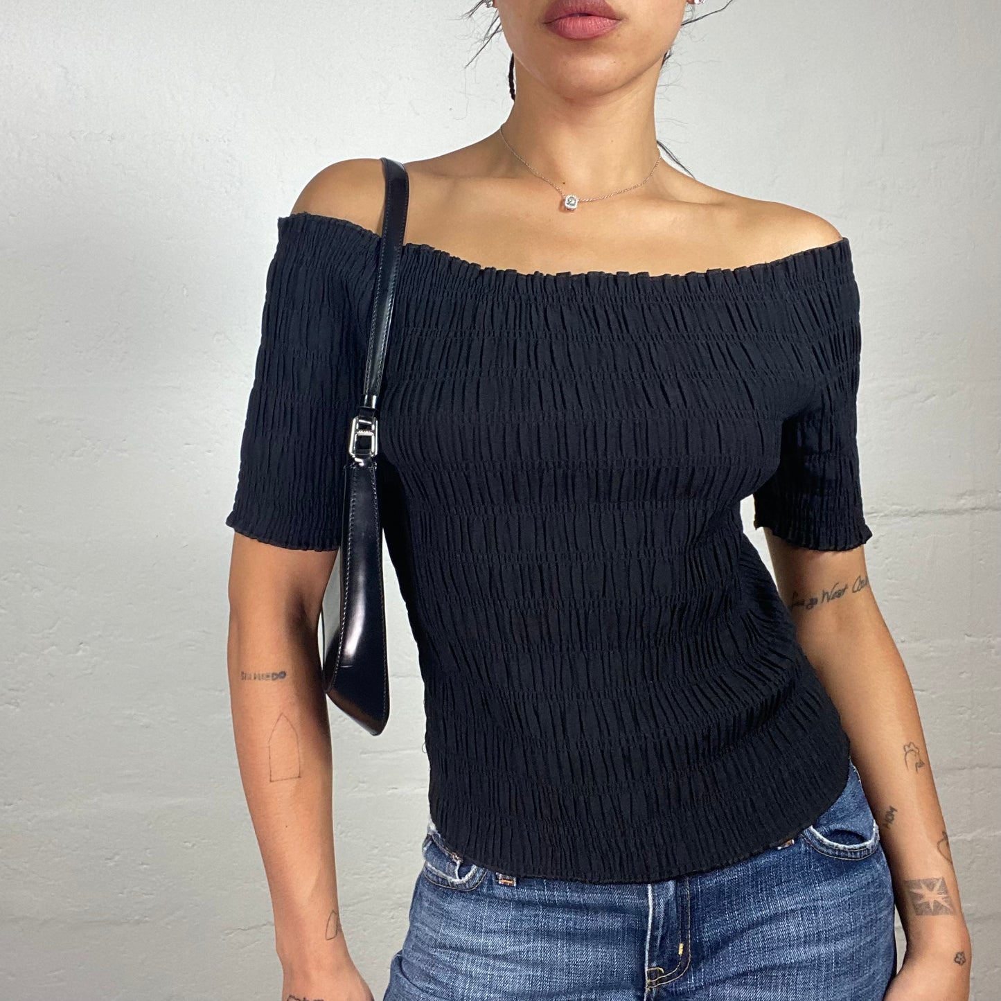 Vintage 2000's Romantic Black Pleated Off Shoulder Short Sleeved Top (M/L)