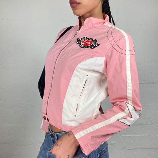 Vintage 2000's Phard Biker Girl Pink and White Zip Up Jacket with Kiss My Dust Back Print and Start Arm Patches (M)
