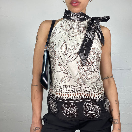 Vintage 2000's Summer Beige and Black Turtleneck Sleeves Top with Boho Style Print and Neck Ribbon (M)