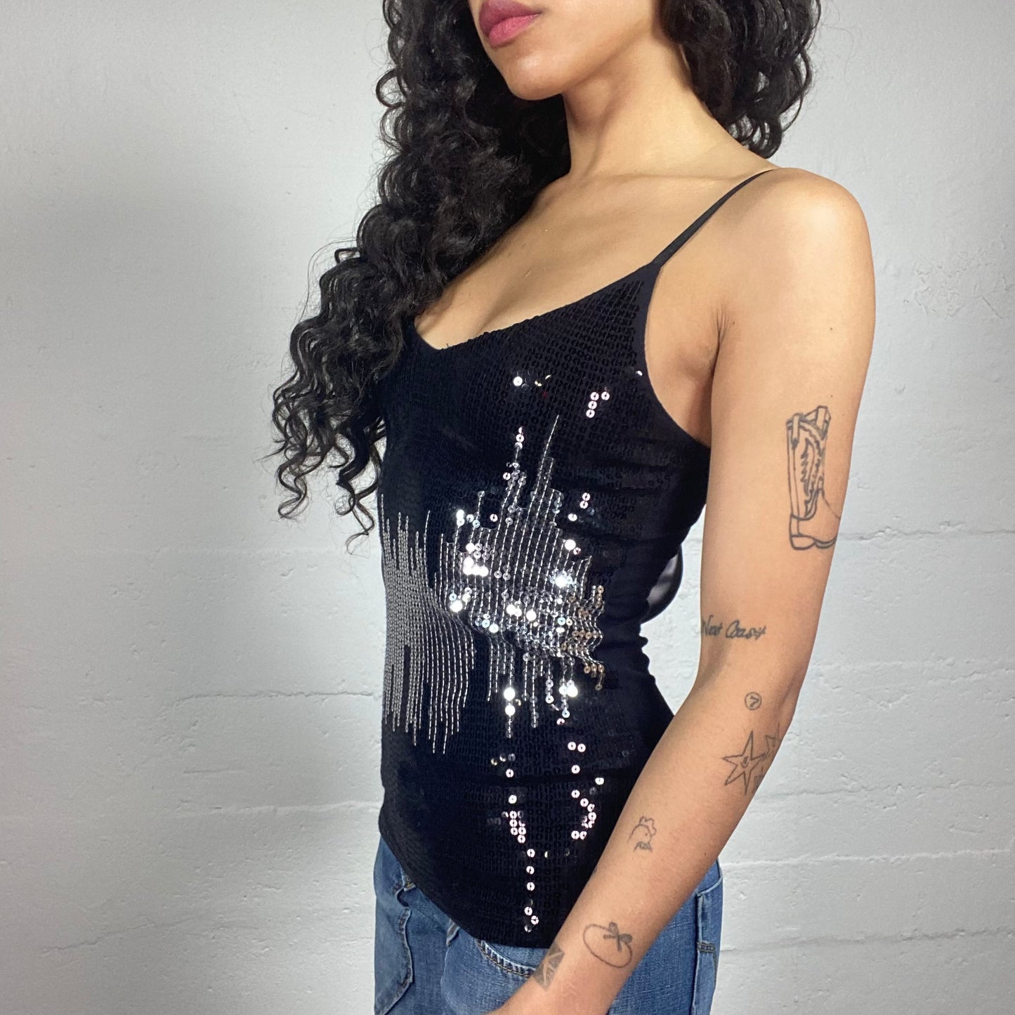 Vintage 2000's Clubwear Black Full On Black and Silver Sequins Embroidery Cami Top (XS)