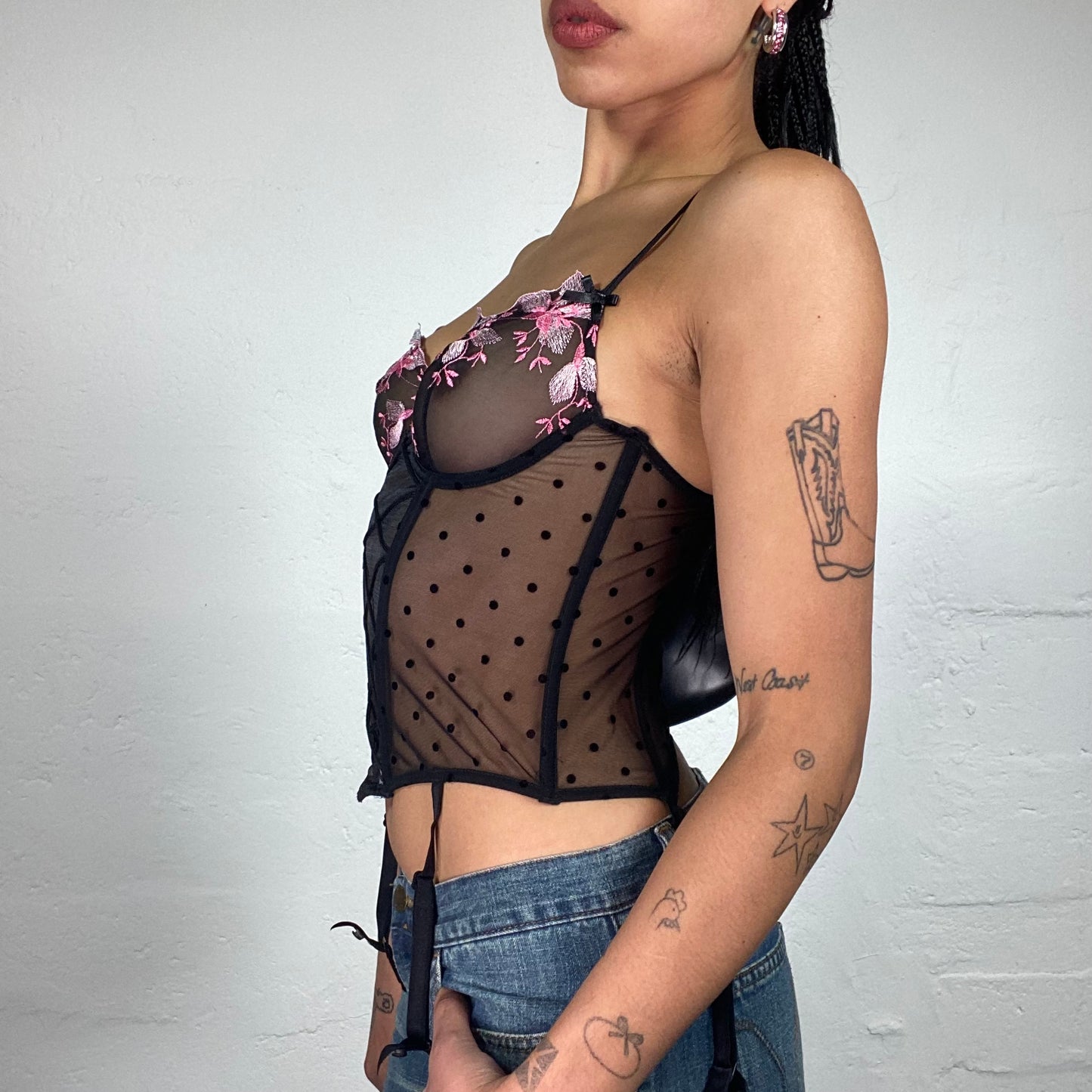 Vintage 2000's Soft Girl Black See Through Mesh Lingerie Corset with Pink Flowers Embroidery (S)