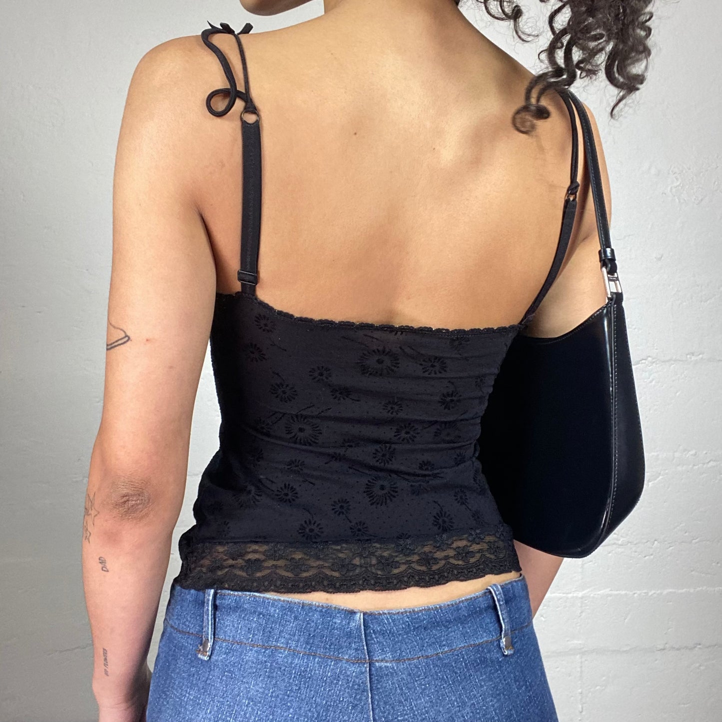 Vintage 2000's Dark Coquette Black Feminine Double String Cami Top with Lace Details (S)