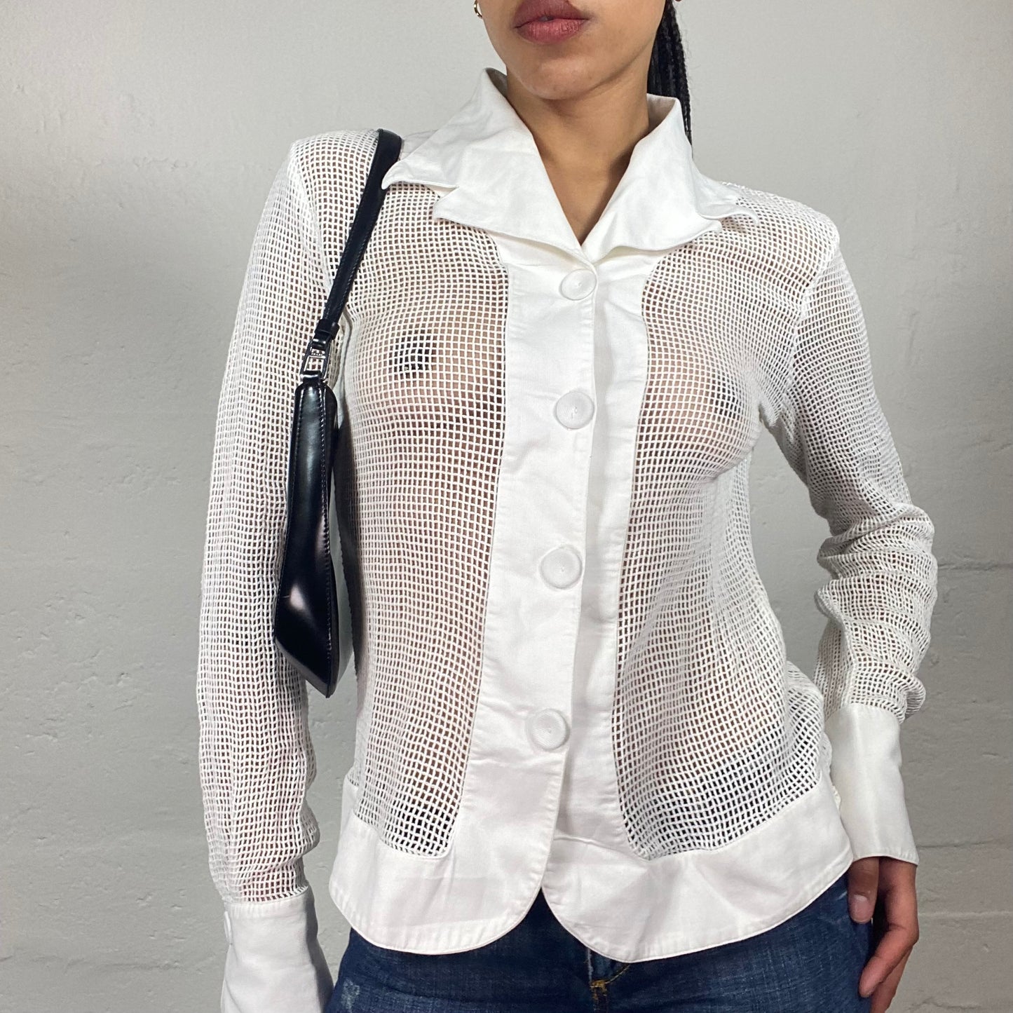Vintage 2000's Soft Girl White Net Effect Longsleeve Button Up Blazer Style Collared Top (M)