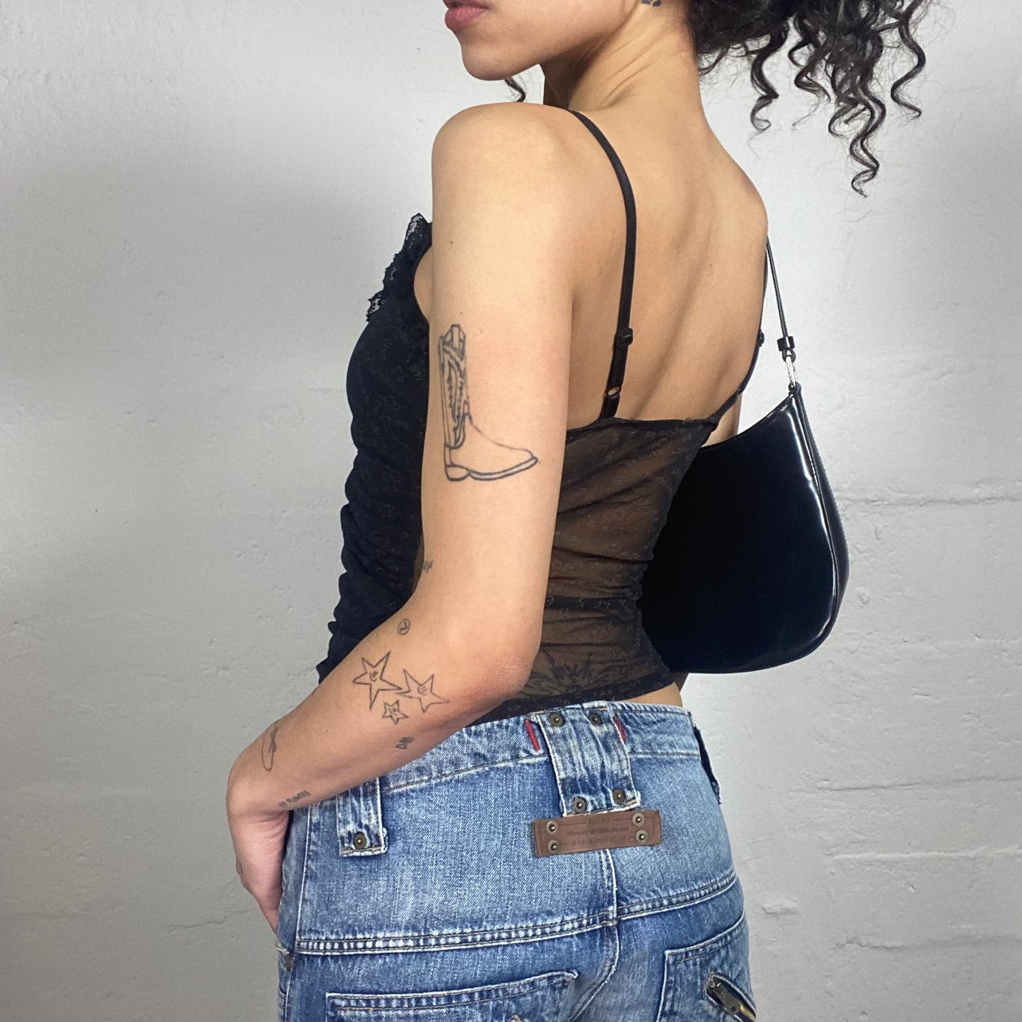 Vintage 2000's Dark Coquette Black Chiffon Typography Printed Cami Top with Ruffled Trim and Mesh Back (S)