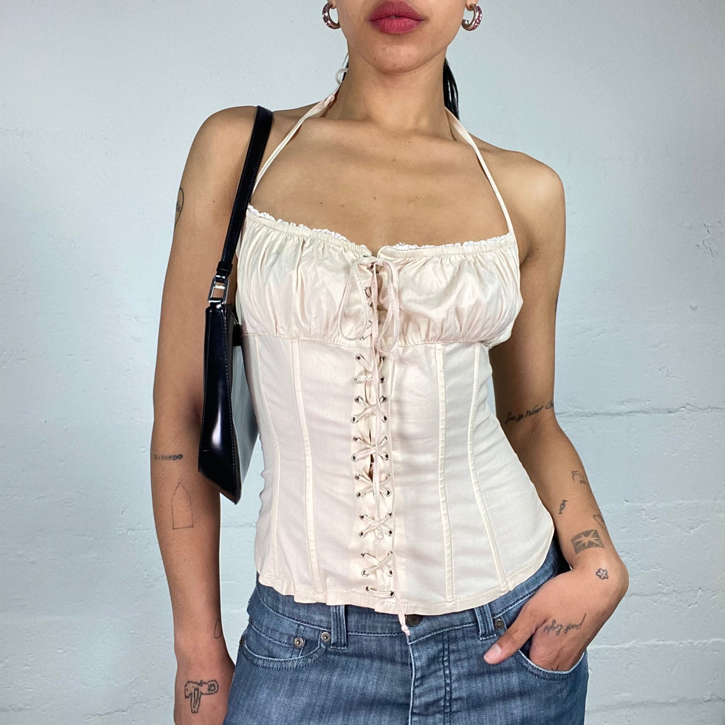 Vintage 2000's Soft Girl Creamy Front Lace Up Neckholder Corset Style Top (S)