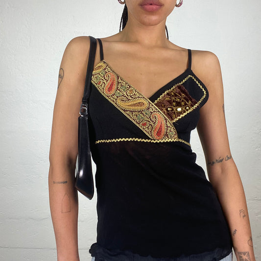 Vintage 2000’s Dark Boho Girl Black Camu Top with Gold and Brown Sequin Decorated Bra (L)