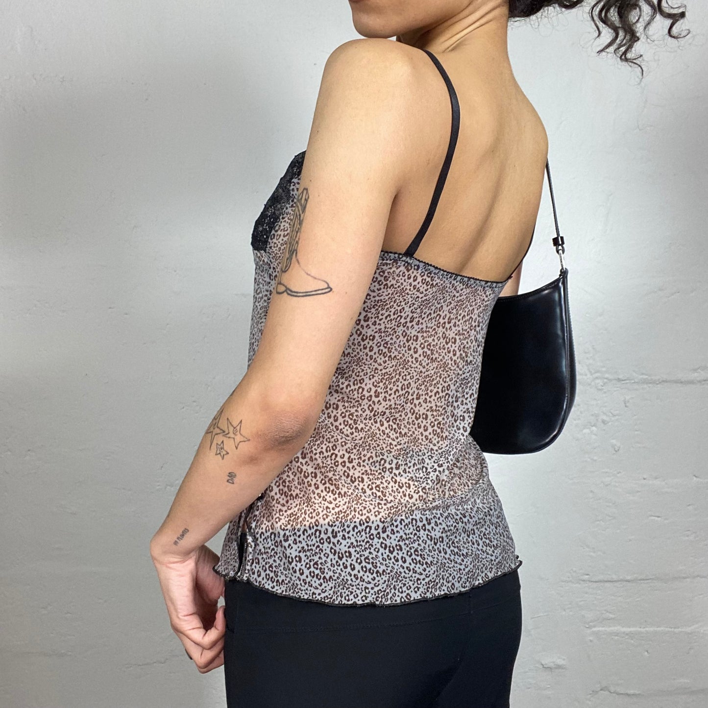 Vintage 2000's Romantic See Through Chiffon Beige and Black Floral Printed Cami Top (S)