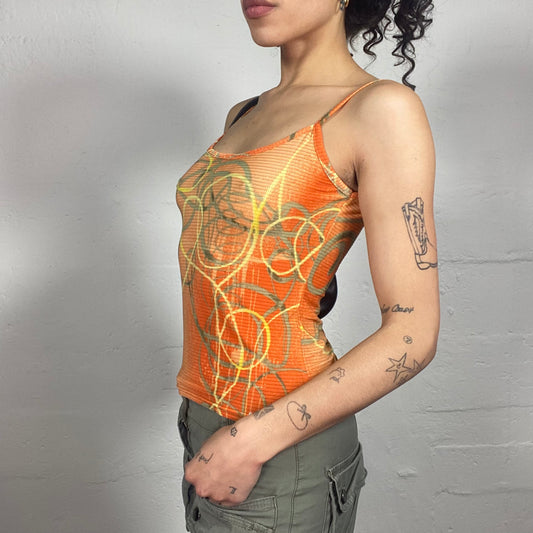 Vintage 2000's Casual Boho Orange Cami Top with Futuristic Print (S)