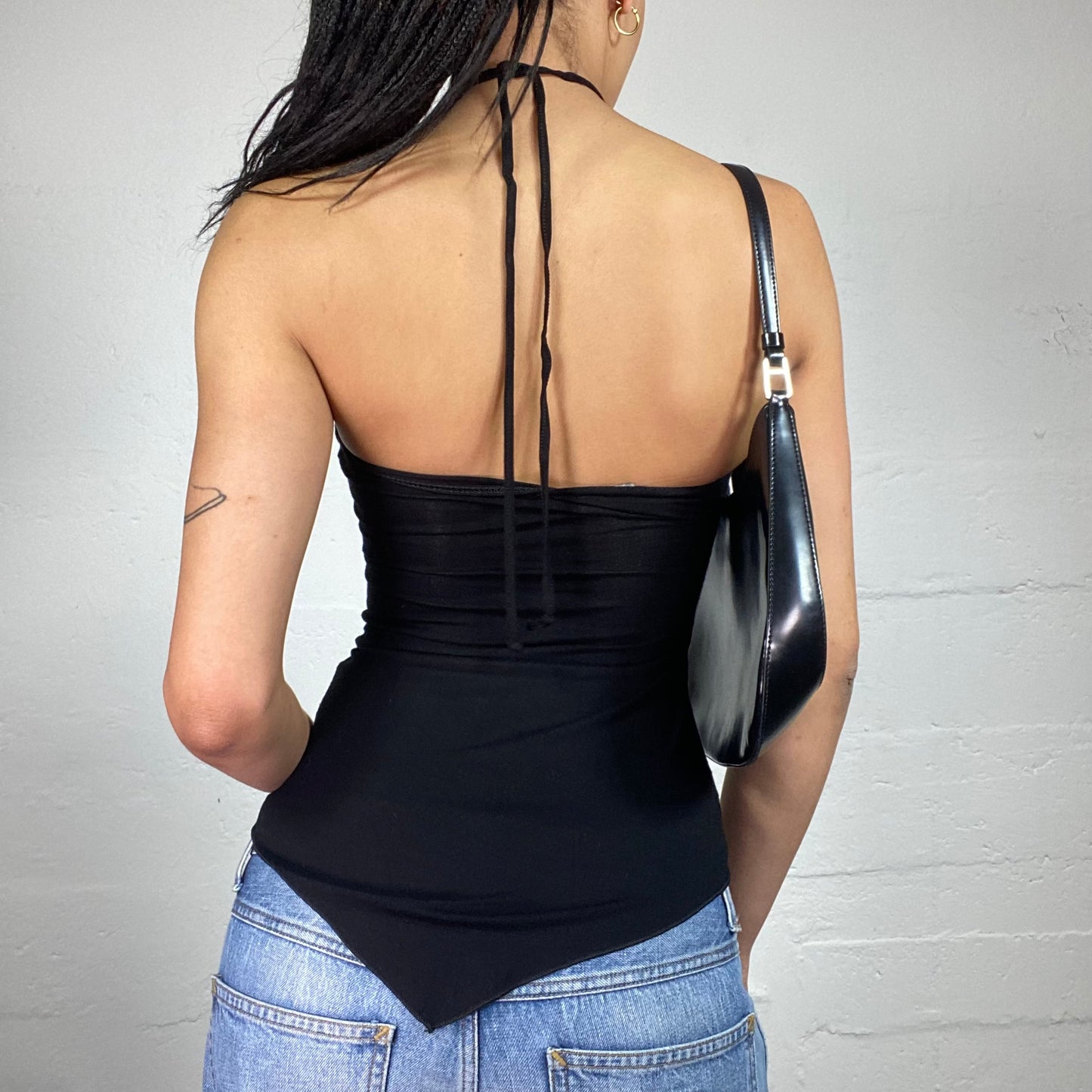 Vintage 2000's Clubwear Black Neckholder Top with Silver In Casino Tonight Print (S)