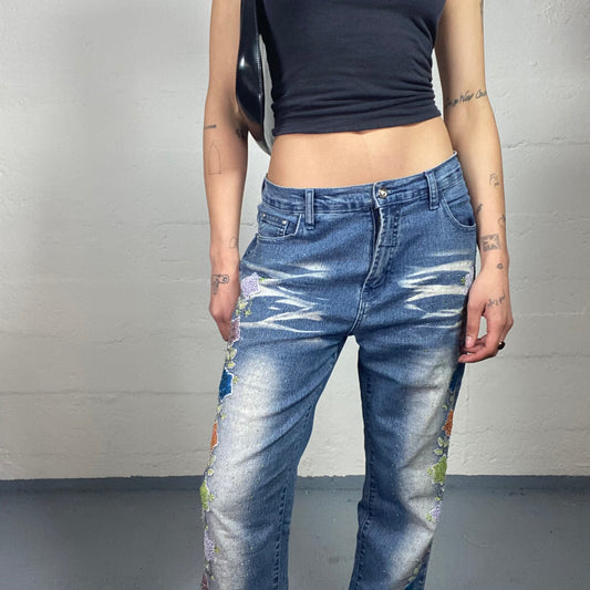 Vintage 2000's Romantic Summer Blue Special Wash Out Straight Fit Jeans with Floral Embroidery (M)