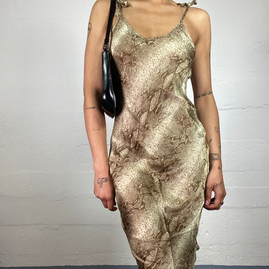 Vintage 2000's Glamorous Beige Toned Snake Skin Effect Printed Knee Length Cami Dress (M)