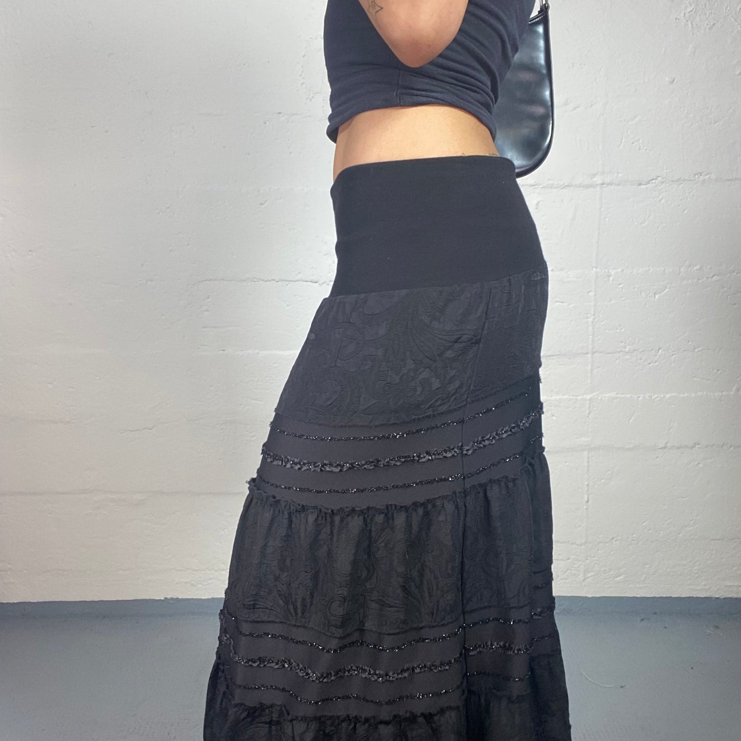 Vintage 2000's Boho Chic Black Low Waisted Maxi Ruffled Layered Skirt with Matching Tone Print and Mini Sequins (M)