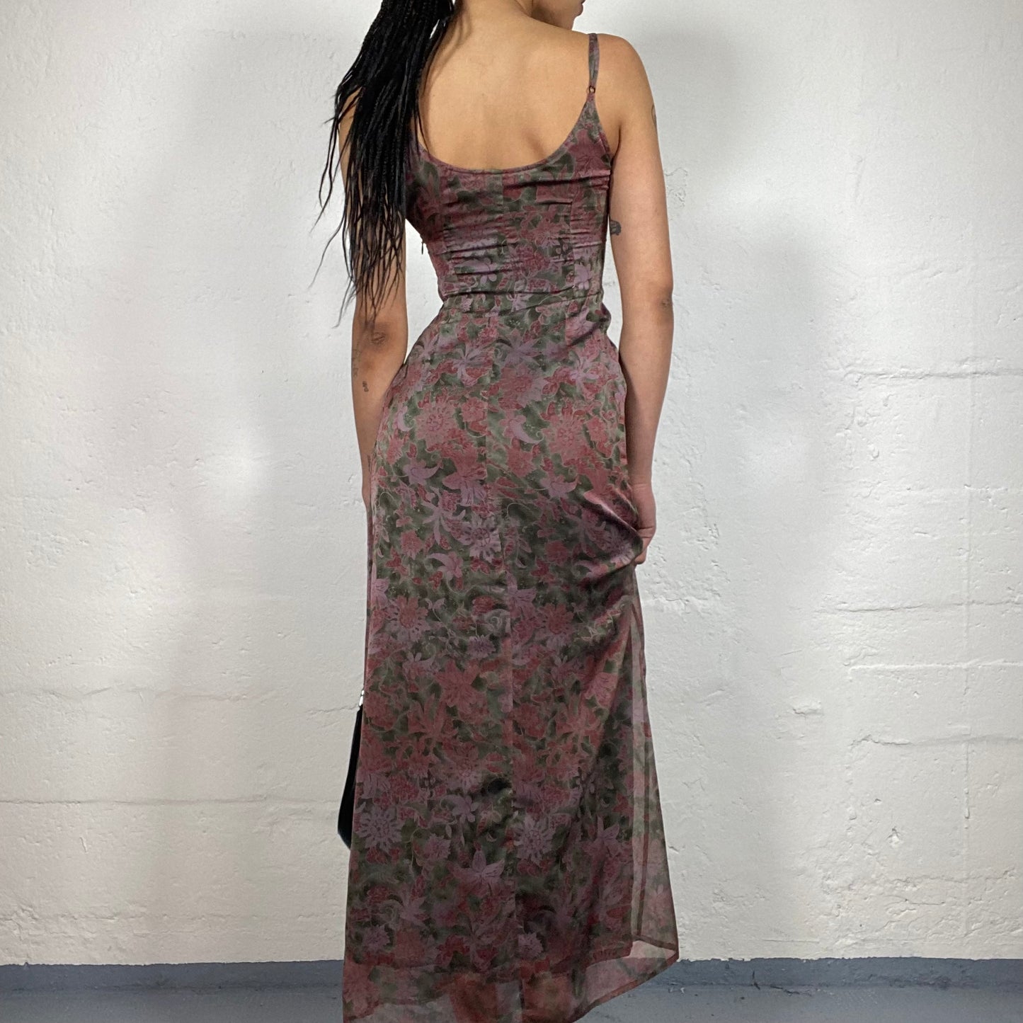 Vintage 2000's Boho Girl Dirty Pink Cami Mesh Maxi Dress with Floral Print (S)