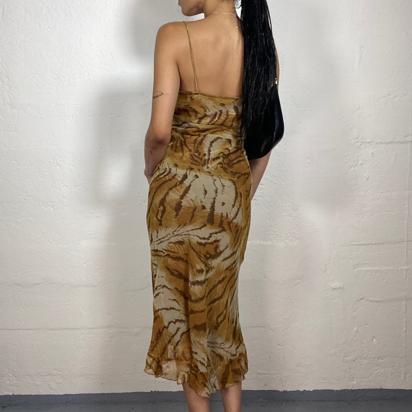 Vintage 2000's Summer Chic Warm Brown and Yellow Toned Maxi Cami Dress with Tiger Print (S)