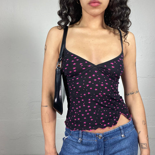 Vintage 2000's Downtown Girl Black Cami Top with Side Cut and Pink Floral Print (S)