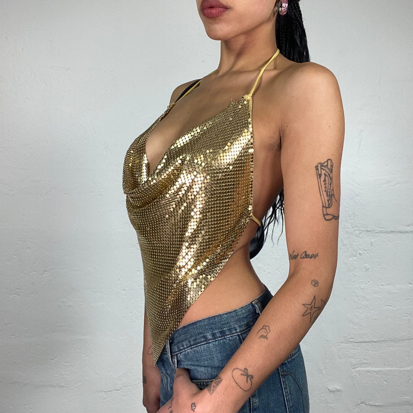 Vintage 2000's Glamorous Golden Clubwear Draped Neckholder Top with Open Back (S)