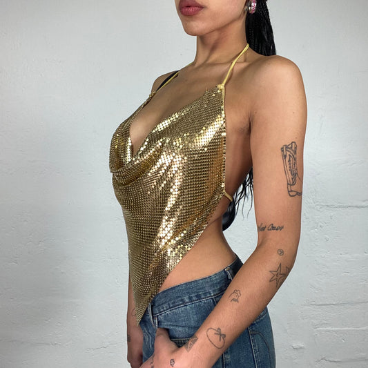 Vintage 2000's Glamorous Golden Clubwear Draped Neckholder Top with Open Back (S)