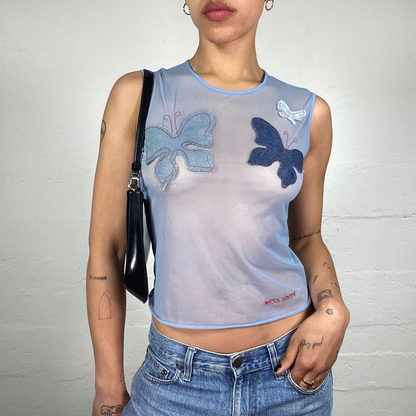 Vintage 2000's Downtown Girl Miss Sixty Mesh See Through Blue Tank Top with Butterflies Embroidery (S)