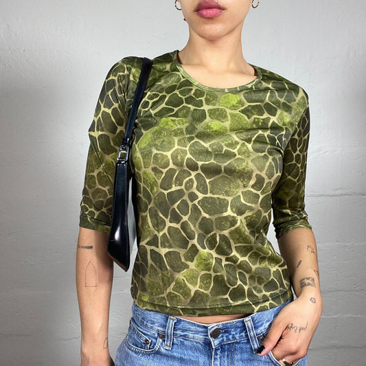 Vintage 2000's Downtown Girl Green 2/4 Sleeve Top with Golden Patches Print (M)