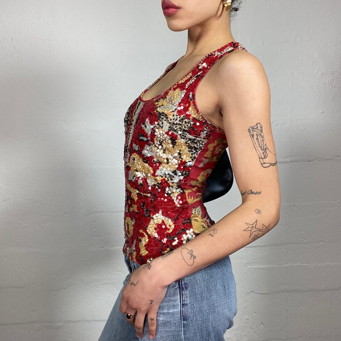Vintage 2000's Summer Clubwear Red Sequins Covered Tank Top with Floral Pattern (S)