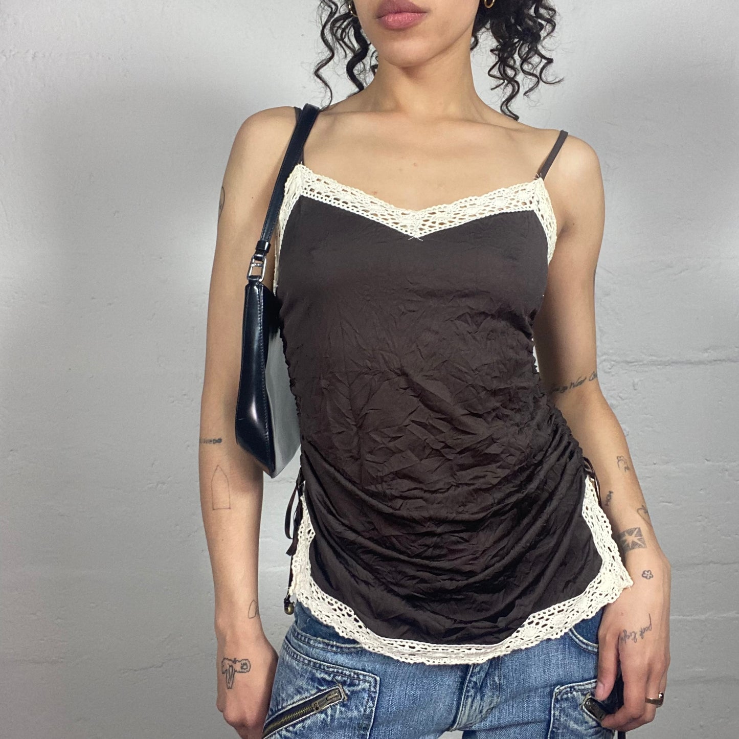 Vintage 2000's Romantic Brown Draped Cami Top with White Lace Trim (M)
