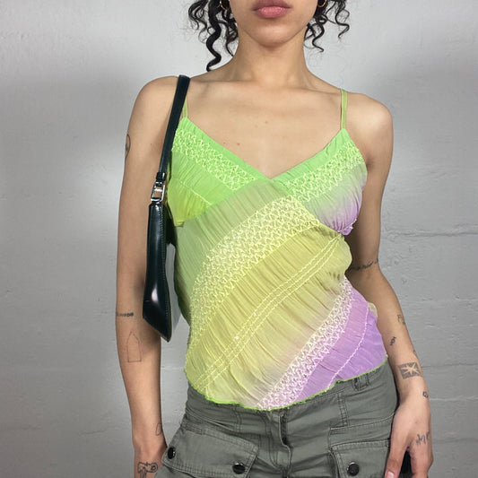 Vintage 2000's Forest Fairy Light Green and Pink Ruffled Cami Top (M)