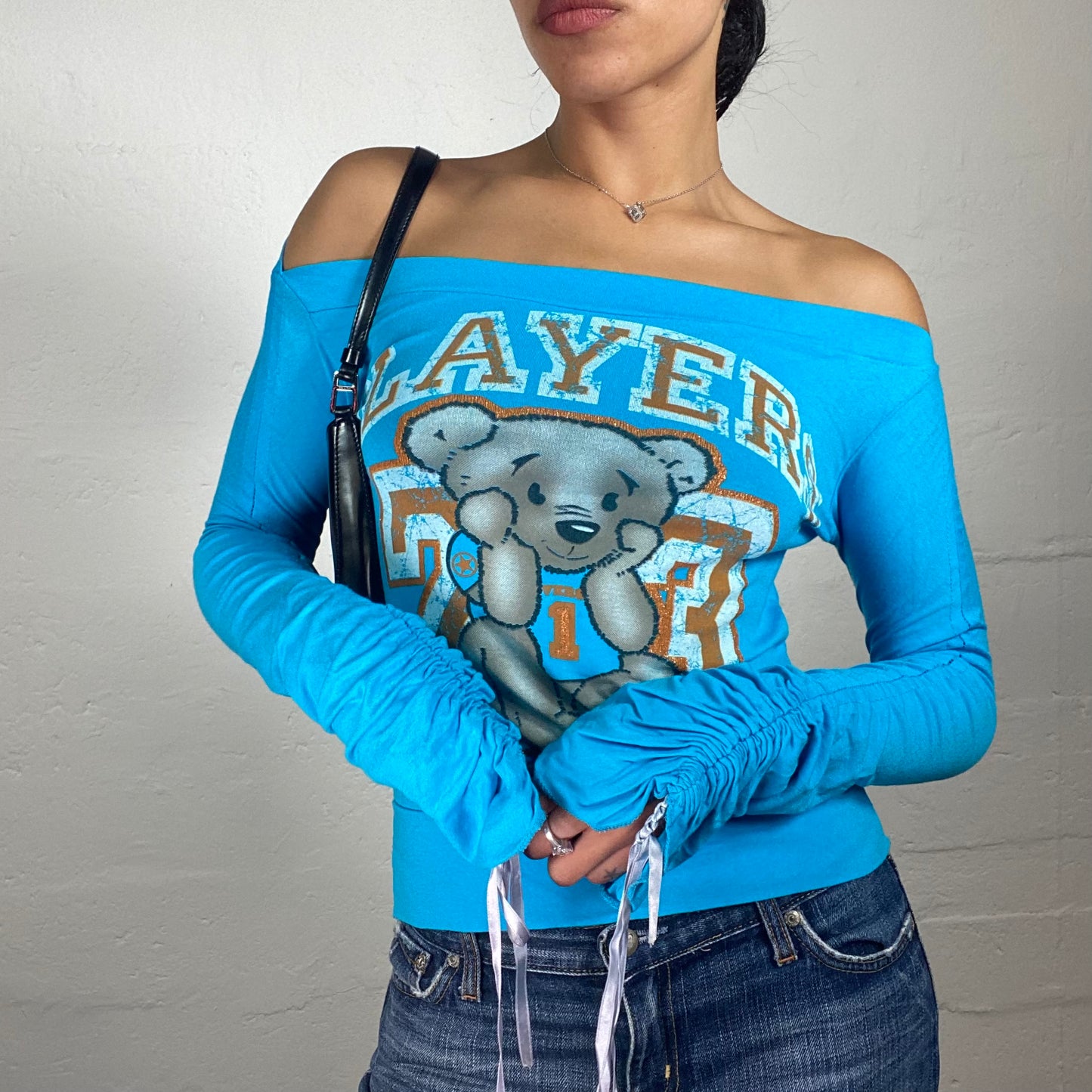 Vintage 2000's Cute Aquamarine Blue Off Shoulder Longsleeve Top with Teddy Bear Print and Ruffled Silky Stripes Decorated Sleeves (M)