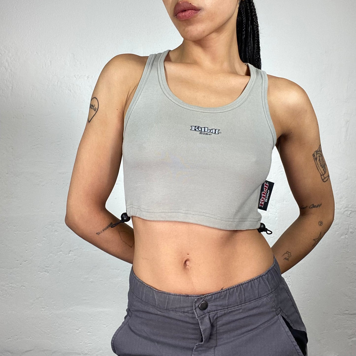 Vintage 2000's Sporty Light Warm Grey Cropped Tank Top with Killah Typo Embroidery (S)