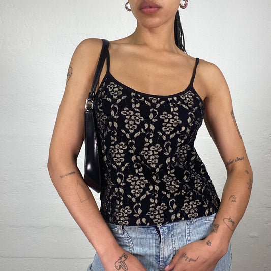 Vintage 2000’s Baroque Black Classy Cami Top with Beige Lace Effect Floral Embroidery (S)