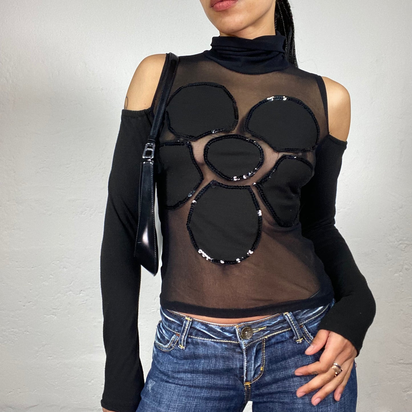 Vintage 2000's Popstar Black Longsleeve Open Shoulders Turtleneck Mesh Front Top with Sequin Decorated Flower Embroidery (S)