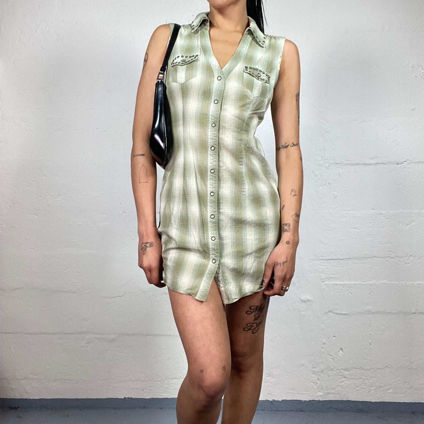 Vintage 2000's Country Girl Mini Button Up Sleeveless White and Green Checkered Dress (S)