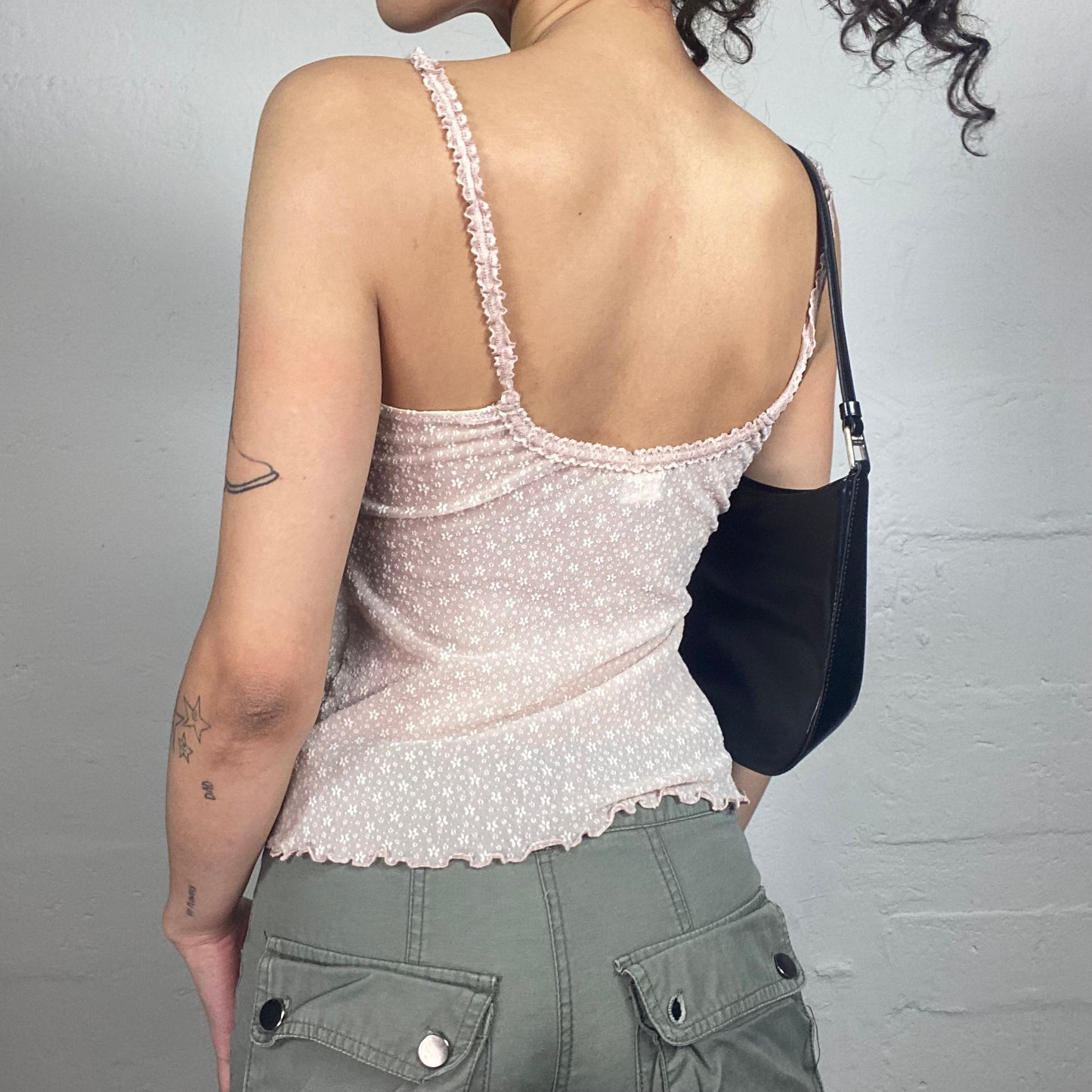 Vintage 2000's Soft Girl Powder Pink Mesh Cami Top with Lace Style Print (M)