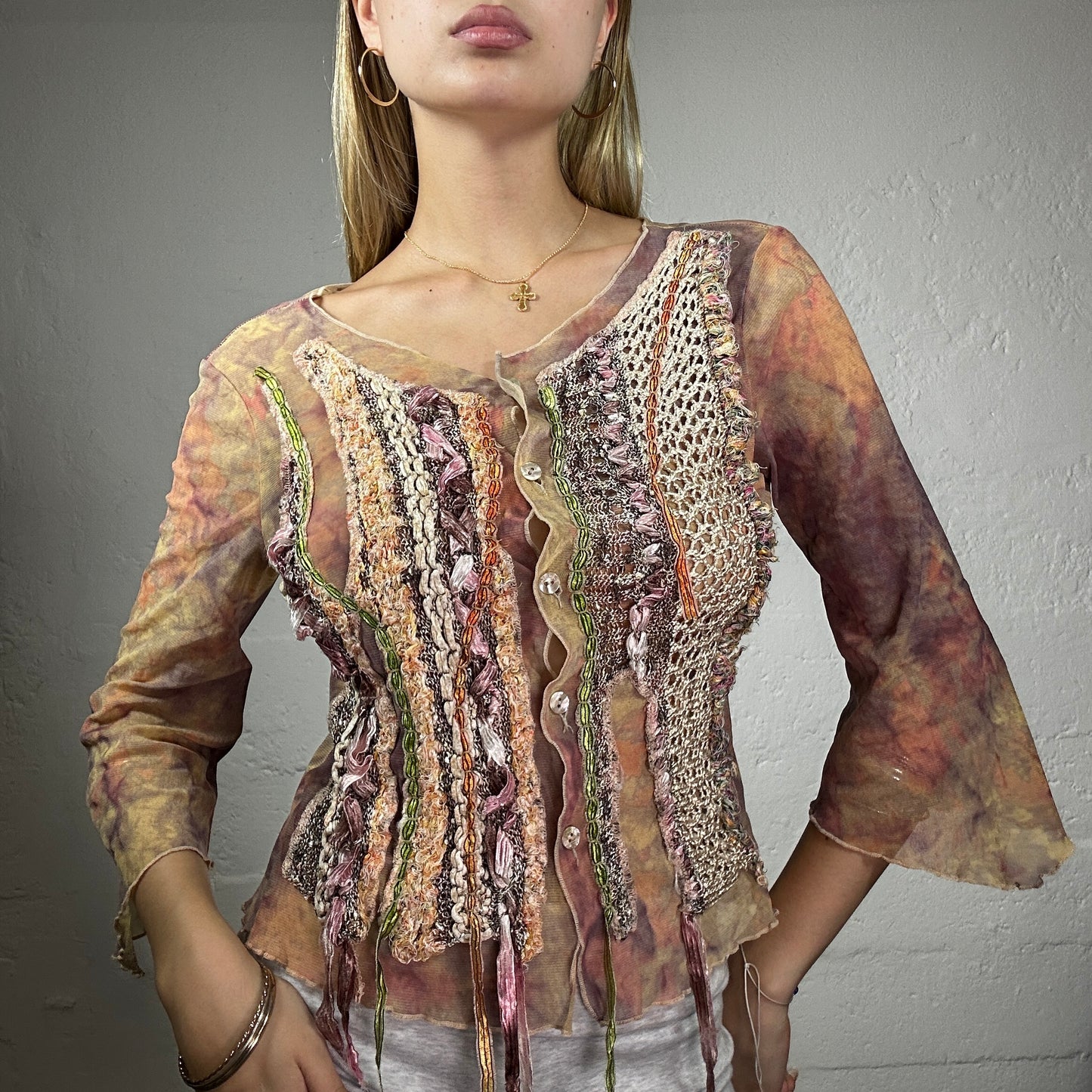 Vintage 2000's Forest Fairy Earth Tones Mesh and Crochet Longsleeve Top with Button Detail (S)