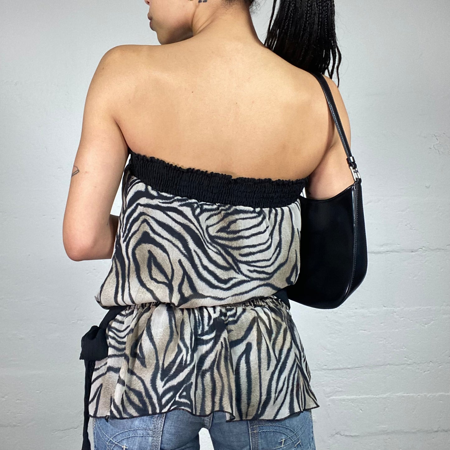 Vintage 2000's Morgan Glamorous Chiffon Beige and Black Animal Printed Tube Top (S)