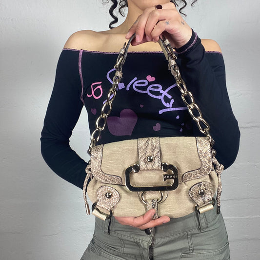 Vintage 2000's Archive Guess Glam Beige Snake Skin Details Shoulder Chain Bag