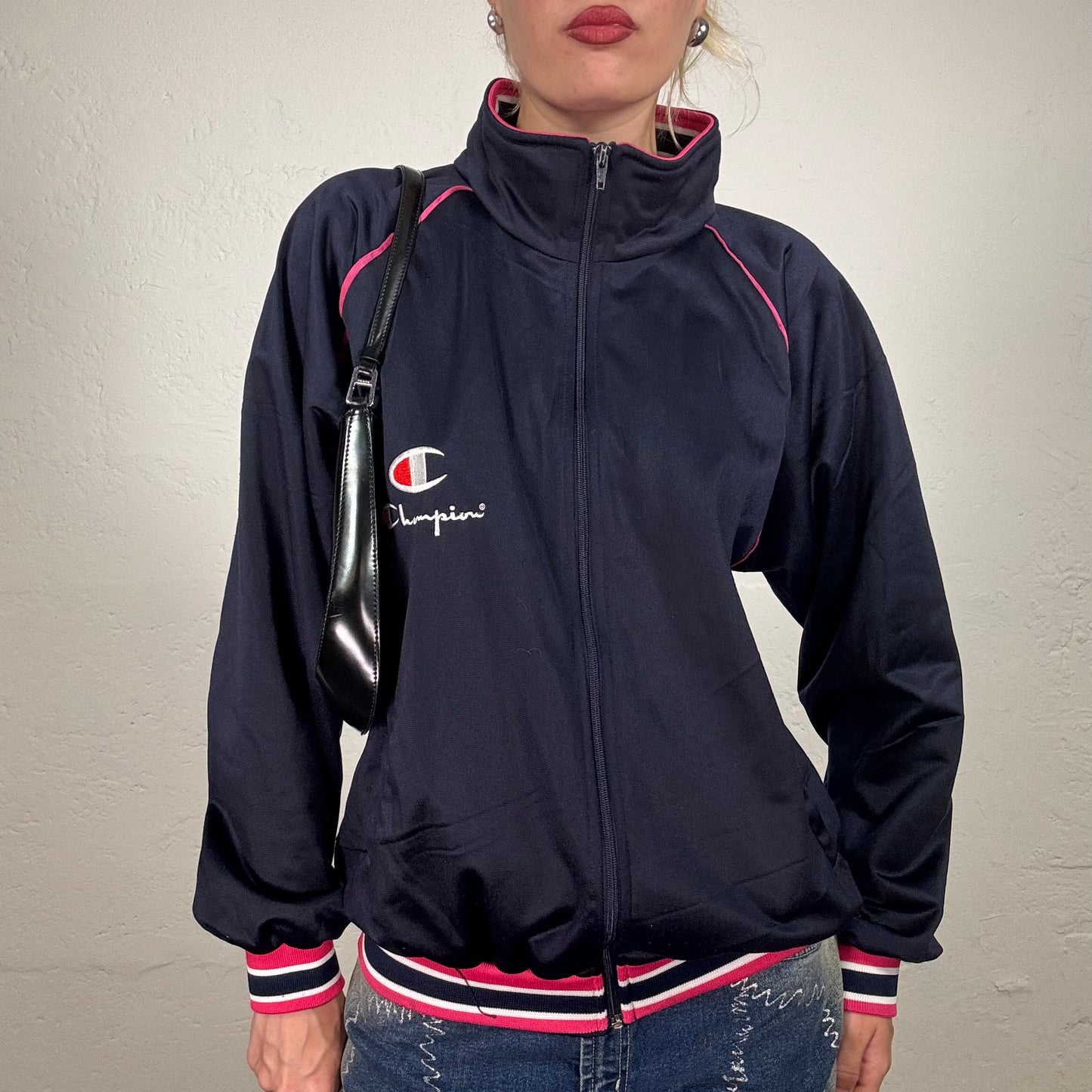 Vintage 2000's Archive Champion Navy Blue Turtleneck Zip Up Pullover with Red Stripes (S/M)