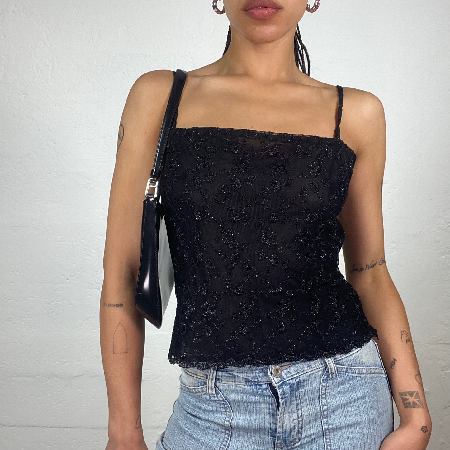 Vintage 2000’s Night Out Black Classy Cami Top with Sequin Decorations (S)