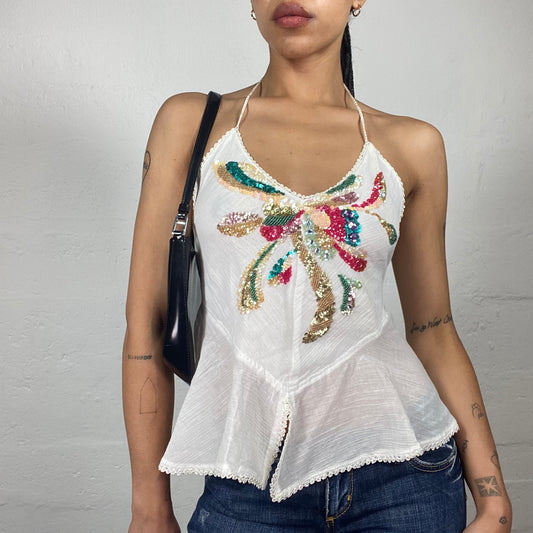 Vintage 2000's Summer Girl White Linen Neckholder Top with Multicoloured Sequin Embroidery (S)