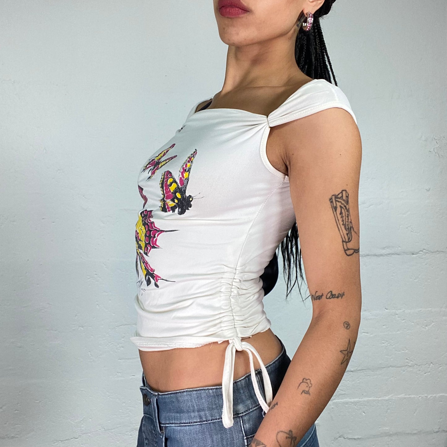 Vintage 2000's Summer Girl White Off Shoulders Draped Side Rubber Top with Colourful Butterflies Print (S)
