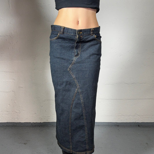 Vintage 2000's Cowgirl Black Midi Black Denim Skirt with Brown Stitching (M)