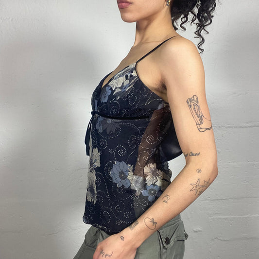 Vintage 2000's Romantic Midnight Black Chiffon Cami Top with Navy Blue Floral Print (M)