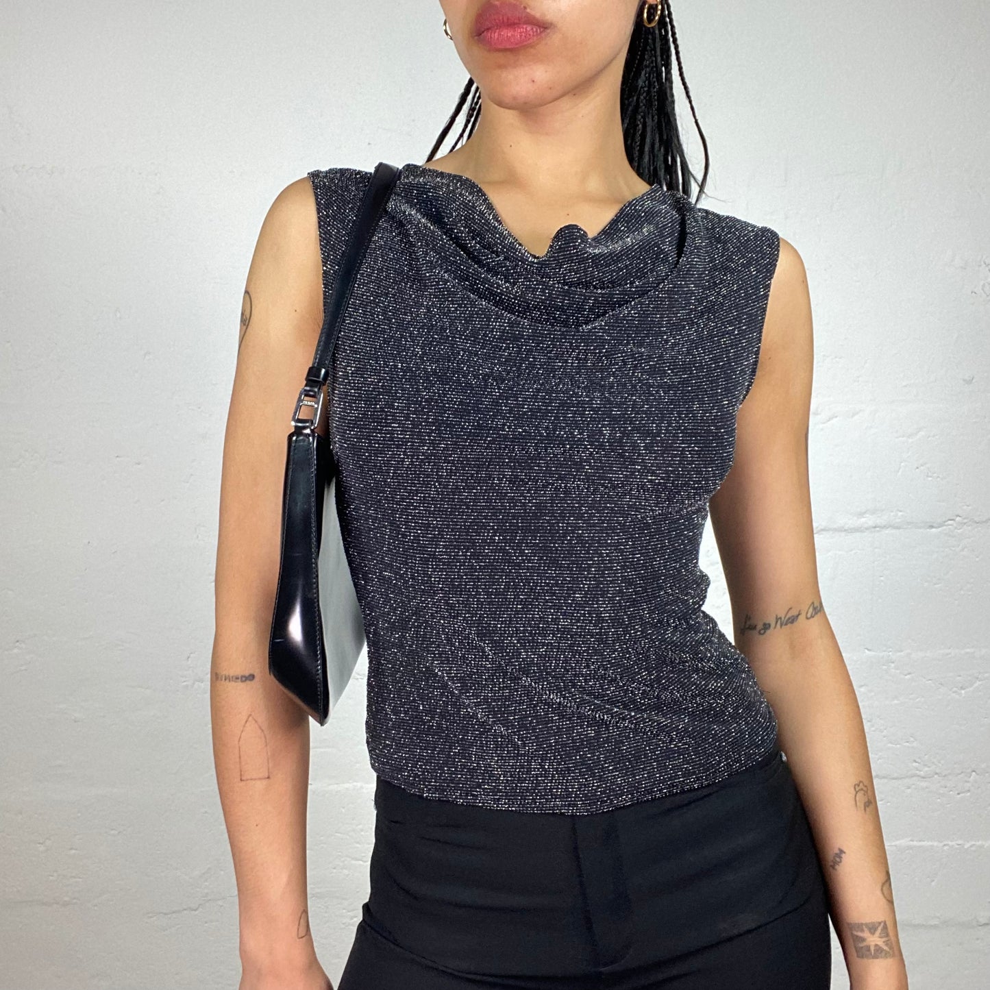 Vintage 2000's Clubwear Black Glitter Jersey Tank Top with Draped Neck Cut (M)