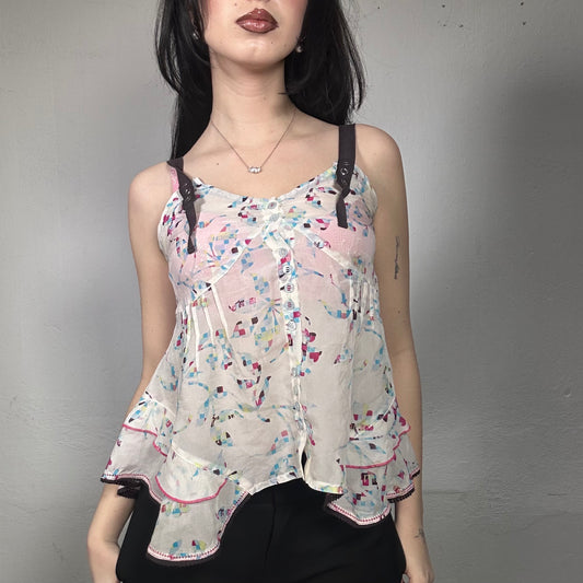Vintage 90’s Coquette Beige Chiffon Ruffled Top (XS)