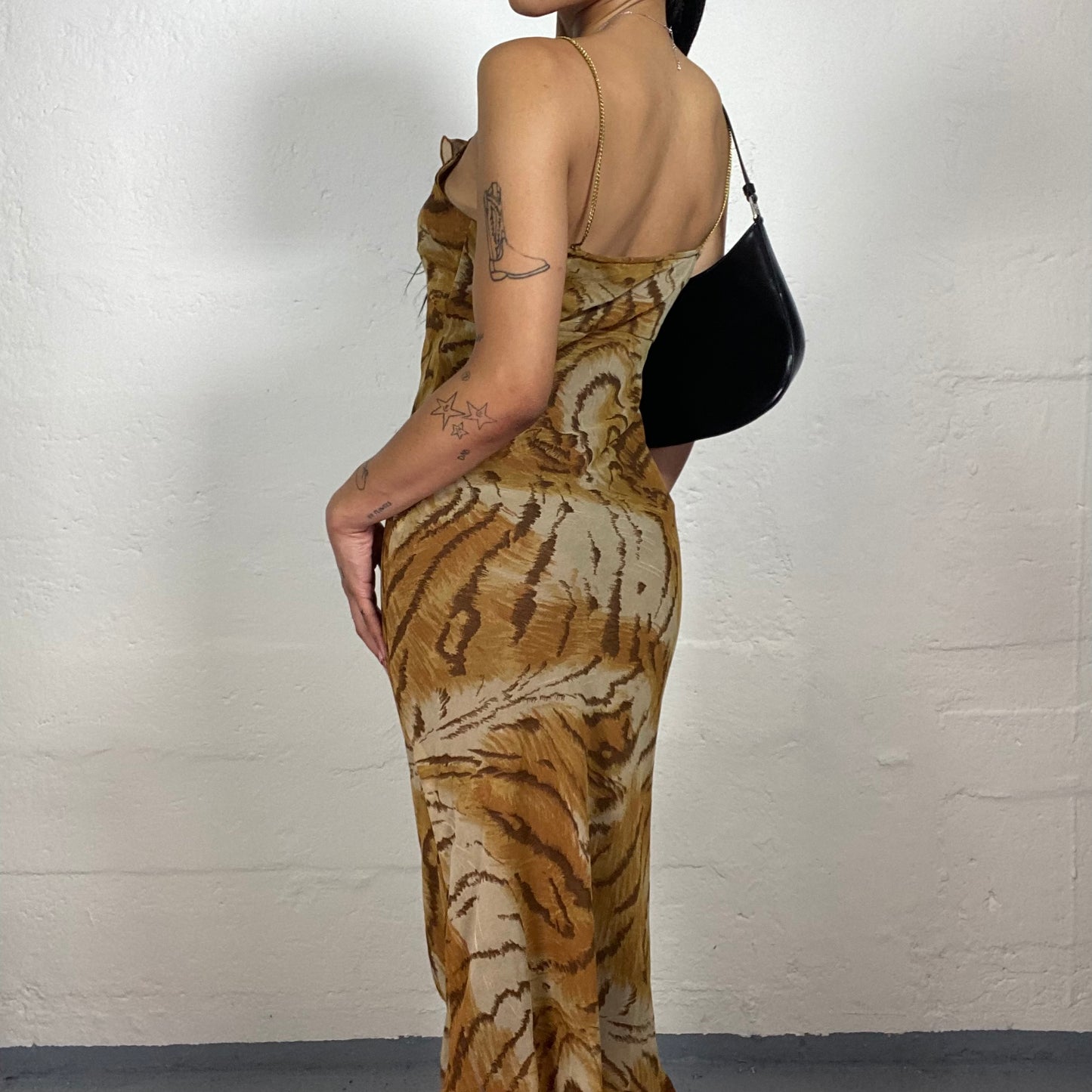 Vintage 2000's Summer Chic Warm Brown and Yellow Toned Maxi Cami Dress with Tiger Print (S)