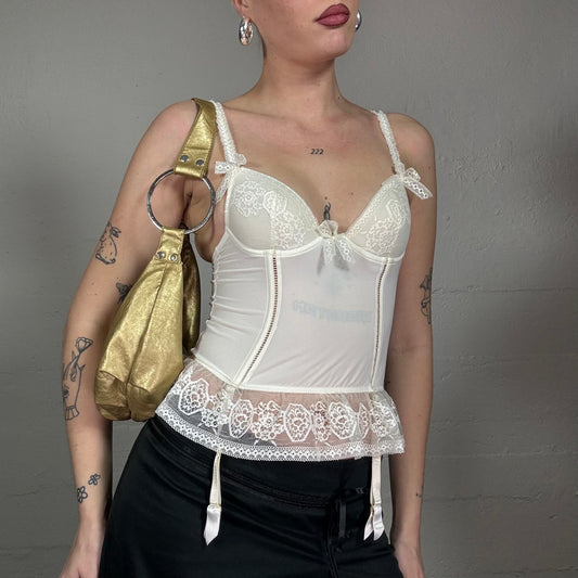 Vintage 90's Lingerie White Lace Corset Top with Ribbon Detail (S)