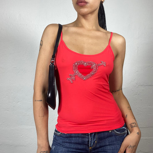 Vintage 2000's Pop Girl Summer Red Slim Fit Cami Top with Heart Rhinestone Decorated Detail (M)