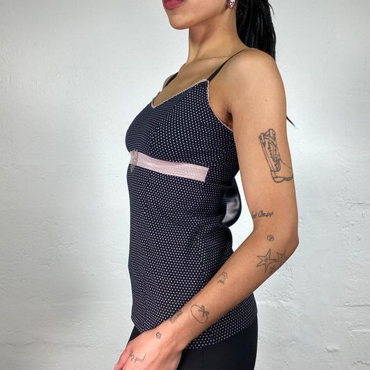 Vintage 2000's Soft Girl Dark Warm Grey Polka Dot Camisole with Baby Pink Details (S)