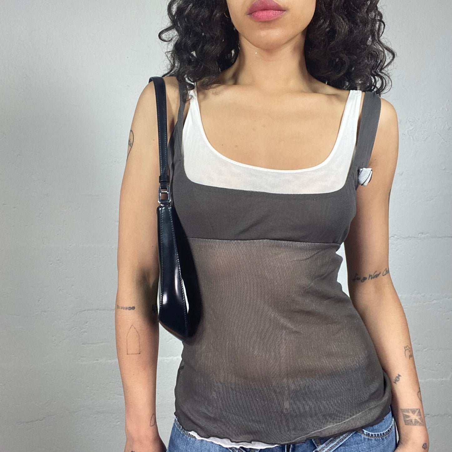 Vintage 2000's Downtown Girl Layered Grey and White Mesh Cami Top (S)